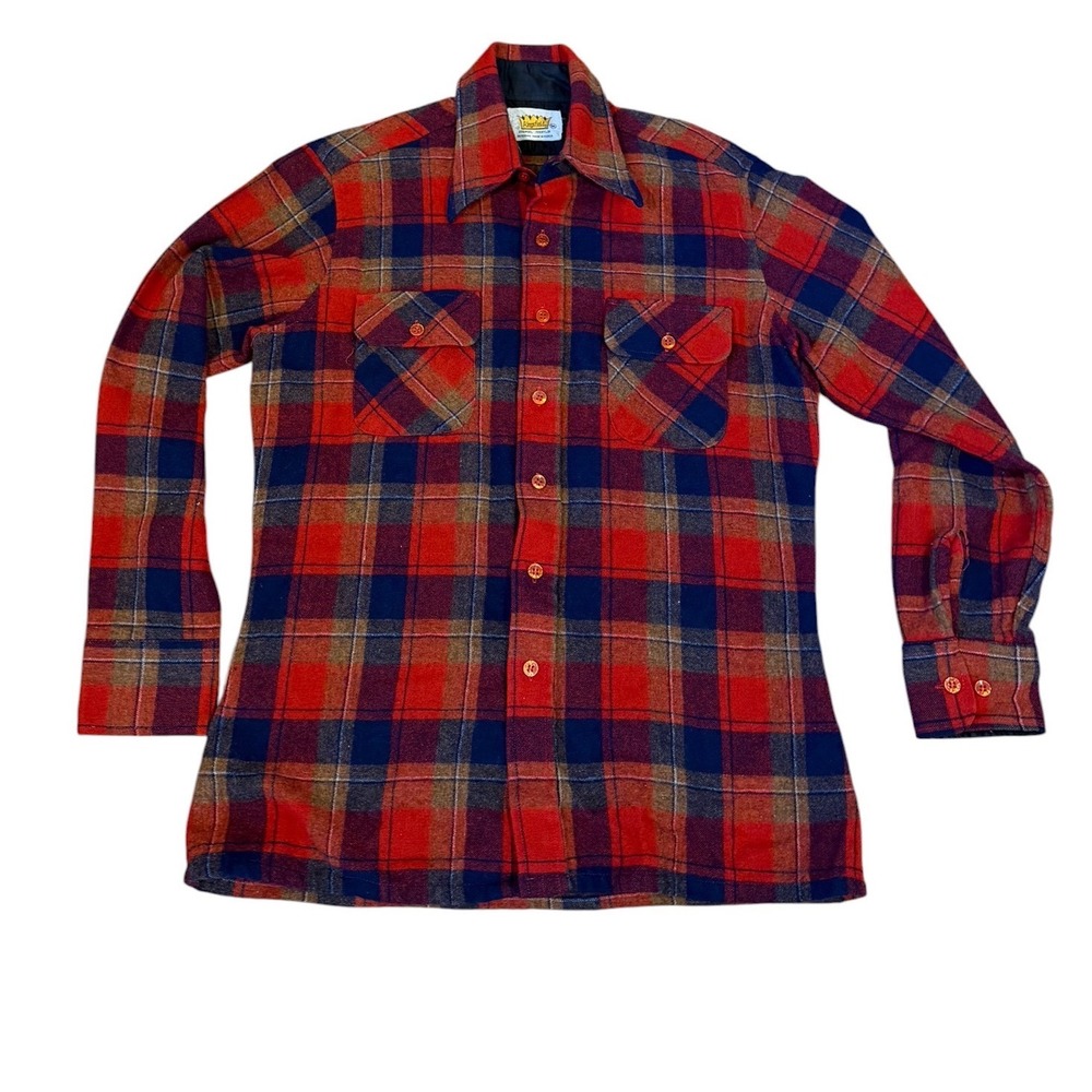 Vtg 70s Kingsfield Mens Red Navy Blue Plaid Wool Hunter Blend Flannel Shirt Sz M